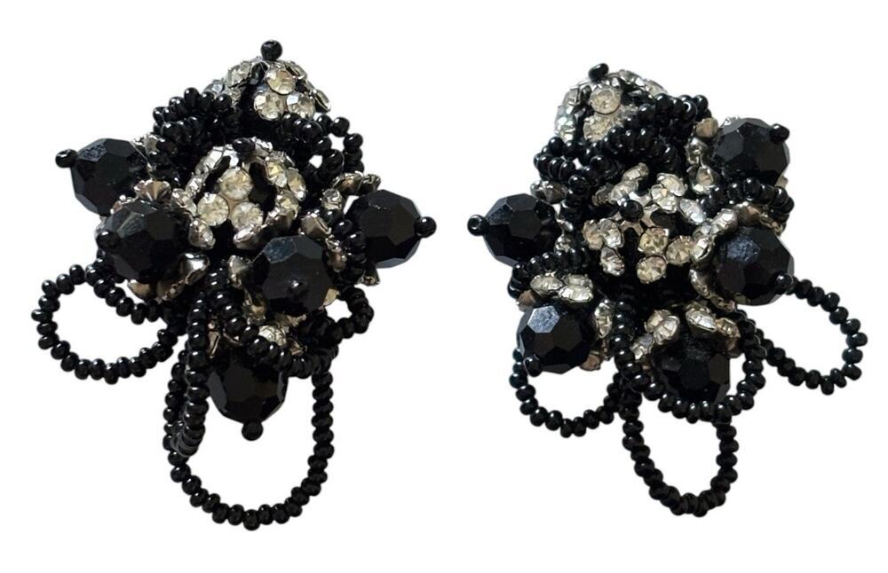 Lois Ann Black Faceted Beaded Clip On Earrings Dangles Statement Vintage